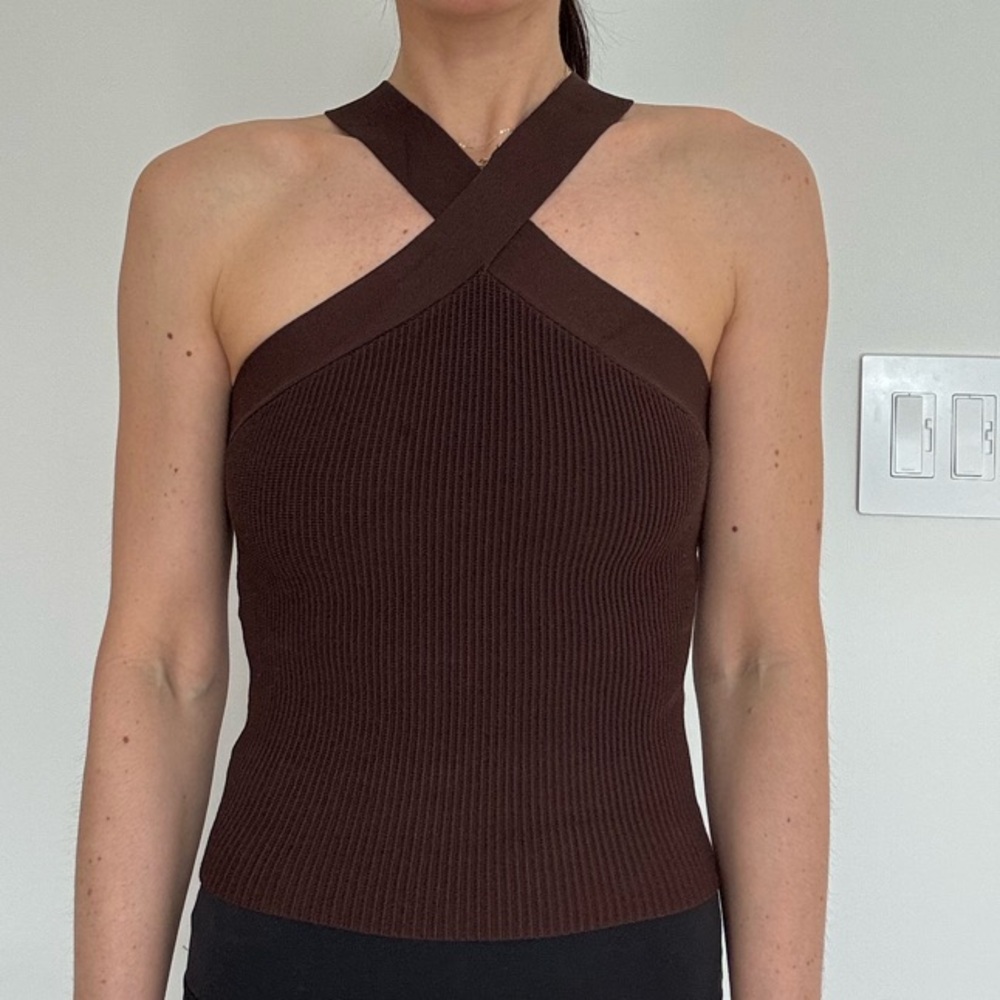 Babaton Brown Ribbed Halter Top